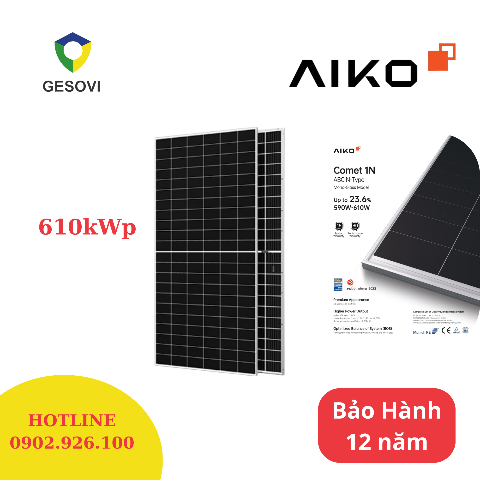 Tấm Pin Năng Lượng Mặt trời Aiko 610Wp Tấm Pin Năng Lượng Mặt trời Aiko 610Wp