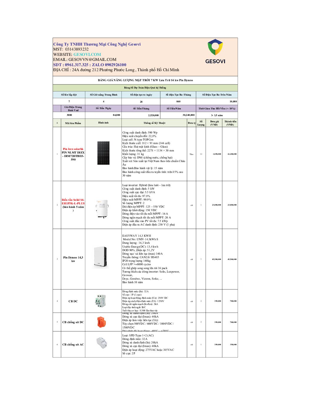 Combo hệ điện mặt trời Hybrid 7kW