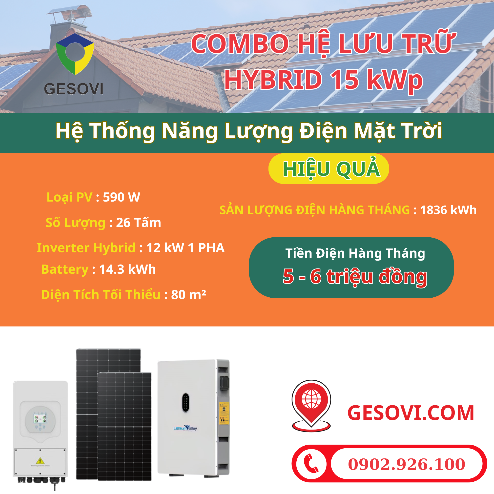 Combo hệ điện mặt trời Hybrid 15kW Combo hệ điện mặt trời Hybrid 15kW