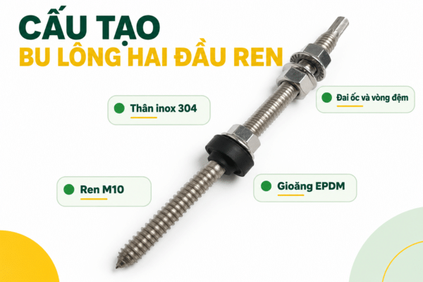 Bu lông hai đầu ren inox 304 M10x200 ( stockschraube)
